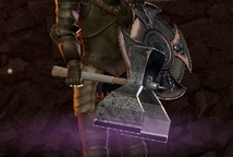 The Guardian trying on a double-headed axe-hammer, with a purple glow at his feet.