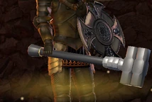 The Guardian trying on a long two-headed maul, with a gold glow at his feet.