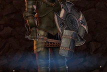 The Guardian trying on a squared-off warhammer, with a blue glow at his feet.