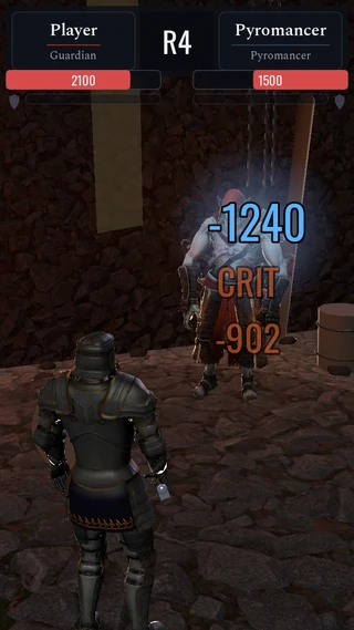 An armoured Guardian's blow lands on a Pyromancer in a torch-lit crypt, with a large damage number and the word CRIT rising over the target.