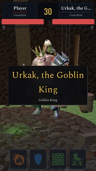 A crowned goblin king revealed in the arena under the name card Urkak, the Goblin King.