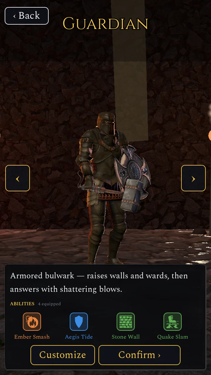Class select: the Guardian in full plate with a shield and warhammer, above a short description and four equipped ability icons.