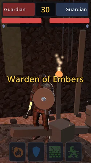 A boss reveal: an armoured fighter lit in a forge arena under the name card "Warden of Embers".