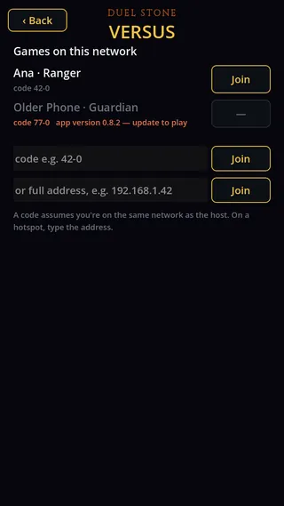 The join screen, headed "Games on this network", listing a nearby player's game with a short room code and a Join button.