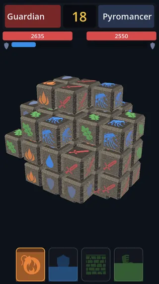 The bundle turned close to camera, so the symbols carved on each cube — flames, waves, leaves, swords and shields — are readable.