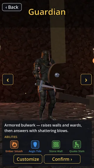 Class select showing the Guardian in 3D with the description "Armored bulwark" and four ability icons.